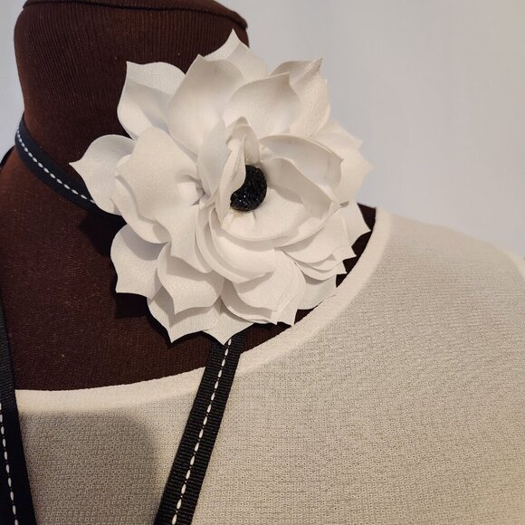 Hand Crafted White Black Floral Choker Necklace Black White Long Ties - Picture 3 of 7